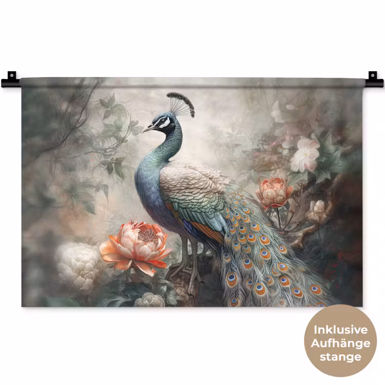 Pauw - Pauwenveren - Vogel - Jungle - Bloemen Wandkleed katoen klein -t3d_DE