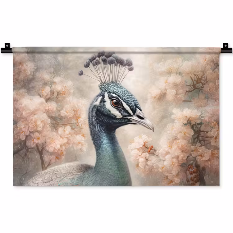 Pauw - Vogels - Bloemen - Boom - Botanisch Wandkleed katoen klein -zz3d