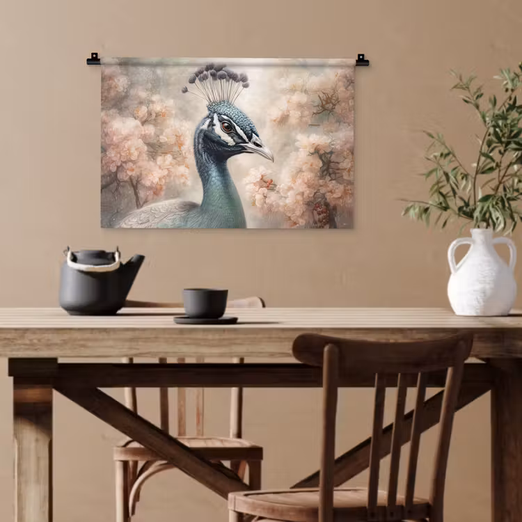 Pauw - Vogels - Bloemen - Boom - Botanisch Wandkleed katoen klein -sfeer6