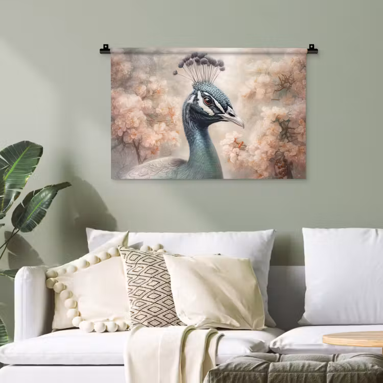 Pauw - Vogels - Bloemen - Boom - Botanisch Wandkleed katoen klein -sfeer7