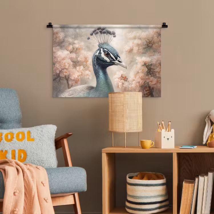 Pauw - Vogels - Bloemen - Boom - Botanisch Wandkleed katoen klein -wsfeer4_kind