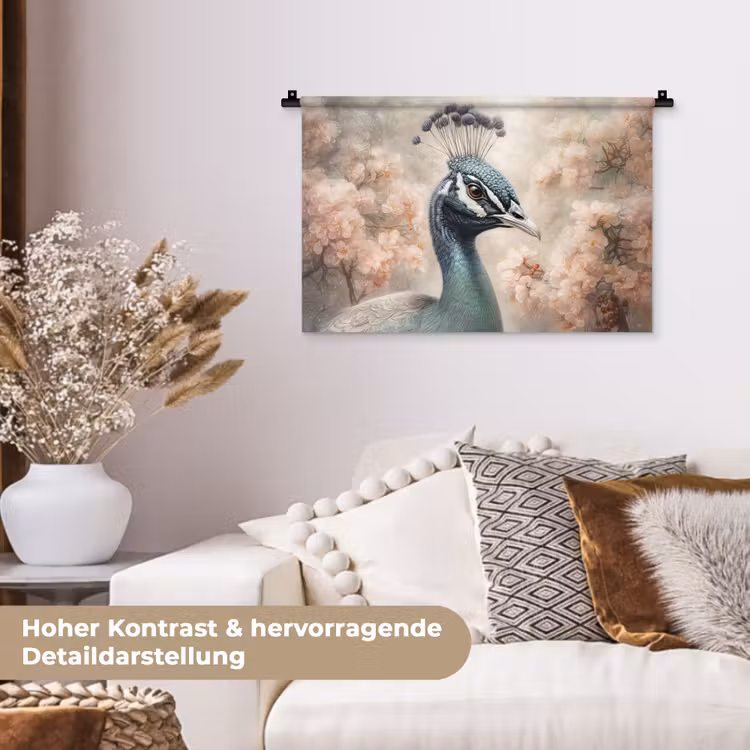 Pauw - Vogels - Bloemen - Boom - Botanisch Wandkleed katoen klein -tsfeer1_DE
