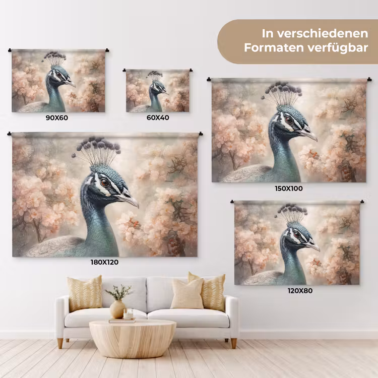 Pauw - Vogels - Bloemen - Boom - Botanisch Wandkleed katoen klein -tsfeer8_DE