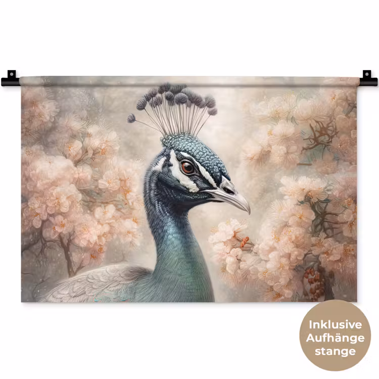 Pauw - Vogels - Bloemen - Boom - Botanisch Wandkleed katoen klein -t3d_DE