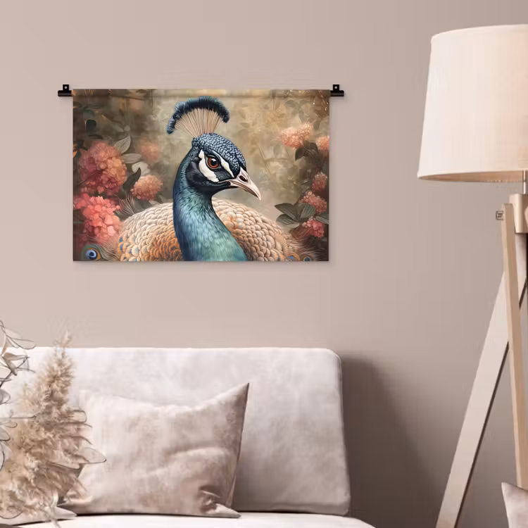 Pauw - Vogel - Bloemen - Planten - Pauwenveren Wandkleed katoen klein -sfeer4