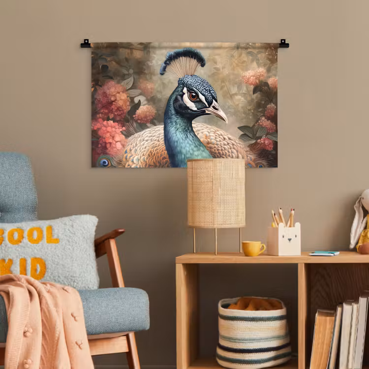 Pauw - Vogel - Bloemen - Planten - Pauwenveren Wandkleed katoen klein -wsfeer4_kind