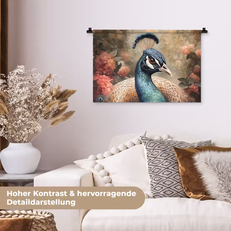 Pauw - Vogel - Bloemen - Planten - Pauwenveren Wandkleed katoen klein -tsfeer1_DE