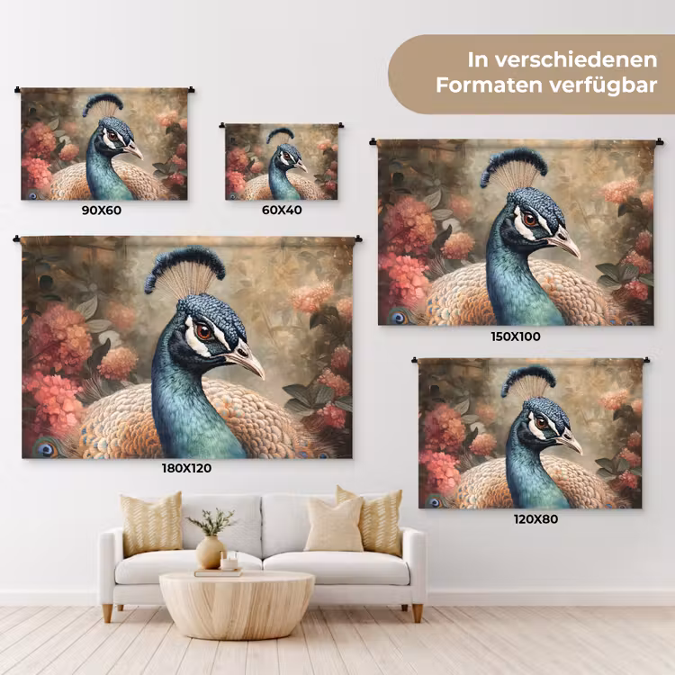 Pauw - Vogel - Bloemen - Planten - Pauwenveren Wandkleed katoen klein -tsfeer8_DE