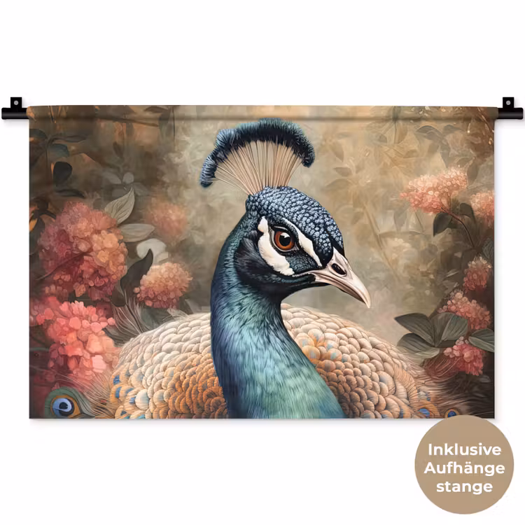 Pauw - Vogel - Bloemen - Planten - Pauwenveren Wandkleed katoen klein -t3d_DE