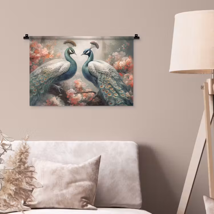 Pauwen - Pauwenveren - Vogels - Bloemen - Natuur Wandkleed katoen klein -sfeer4