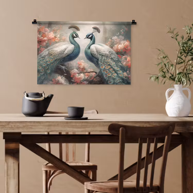 Pauwen - Pauwenveren - Vogels - Bloemen - Natuur Wandkleed katoen klein -sfeer6