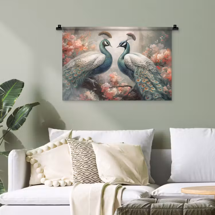 Pauwen - Pauwenveren - Vogels - Bloemen - Natuur Wandkleed katoen klein -sfeer7