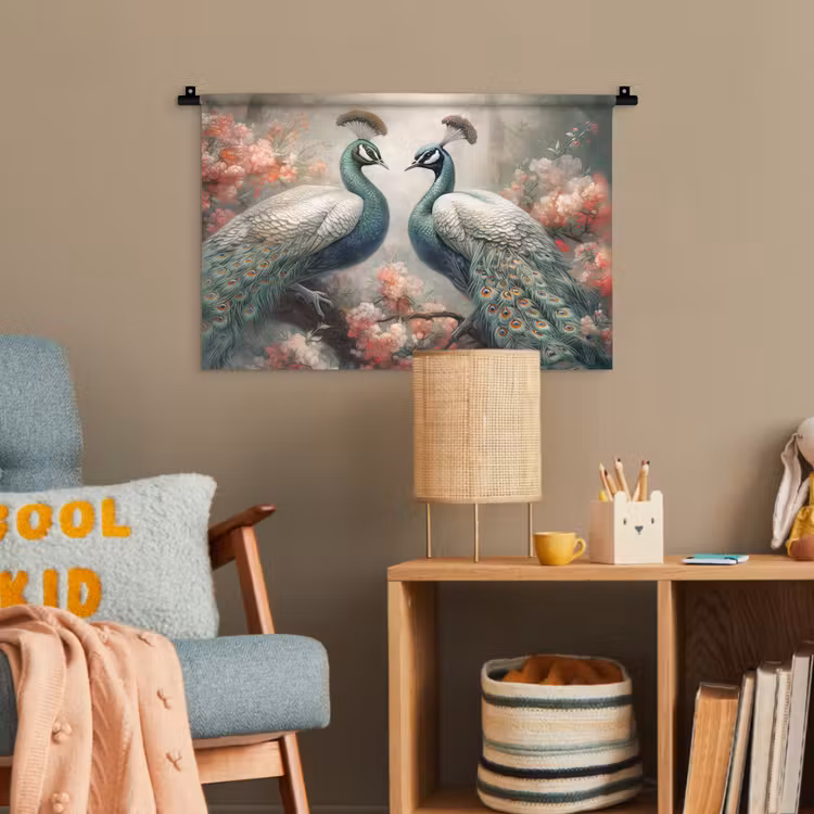 Pauwen - Pauwenveren - Vogels - Bloemen - Natuur Wandkleed katoen klein -wsfeer4_kind