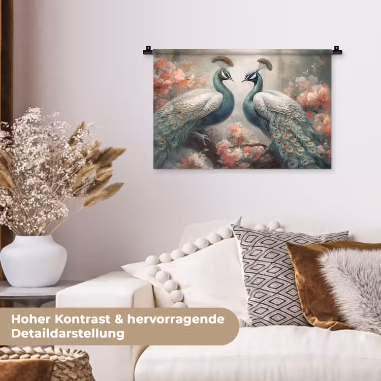 Pauwen - Pauwenveren - Vogels - Bloemen - Natuur Wandkleed katoen klein -tsfeer1_DE