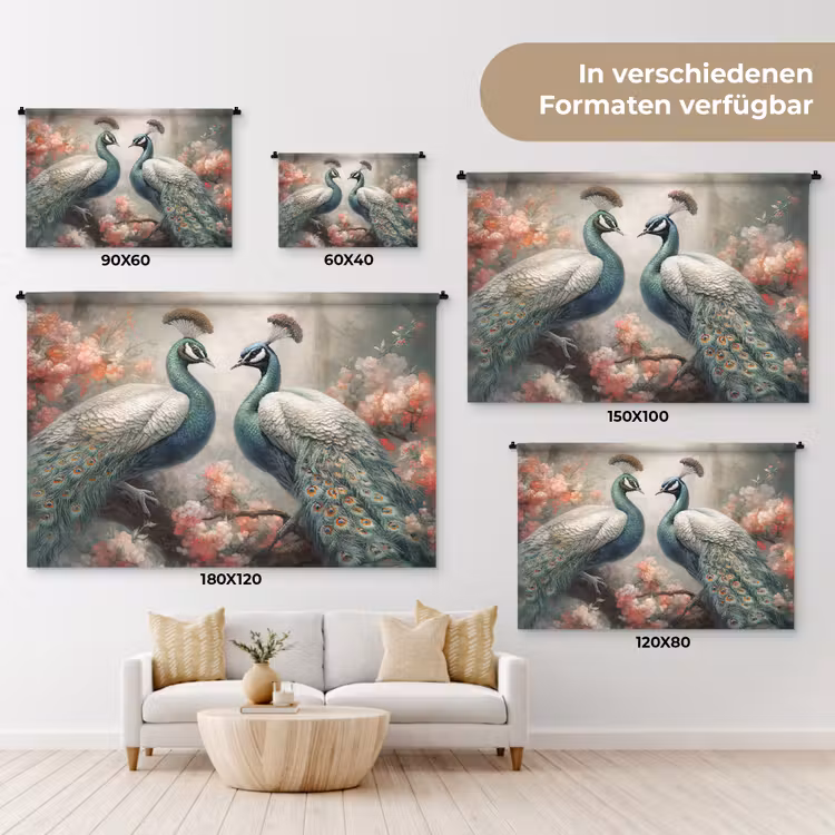 Pauwen - Pauwenveren - Vogels - Bloemen - Natuur Wandkleed katoen klein -tsfeer8_DE