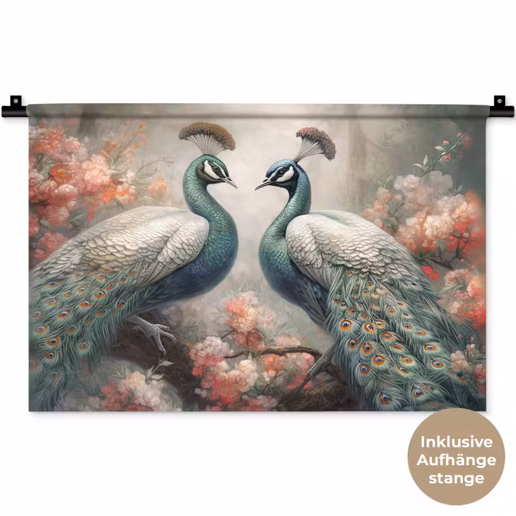 Pauwen - Pauwenveren - Vogels - Bloemen - Natuur Wandkleed katoen klein -t3d_DE