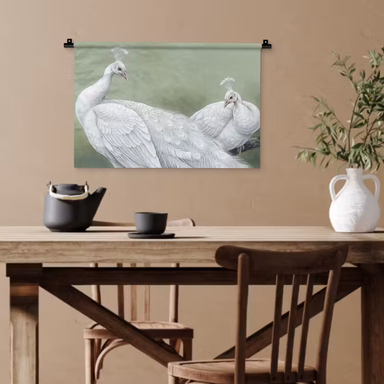 Pauwen - Wit - Natuur - Groen Wandkleed katoen klein -sfeer6
