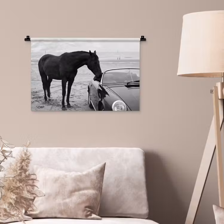 Paard - Auto - Zwart - Wit Wandkleed katoen klein -sfeer4