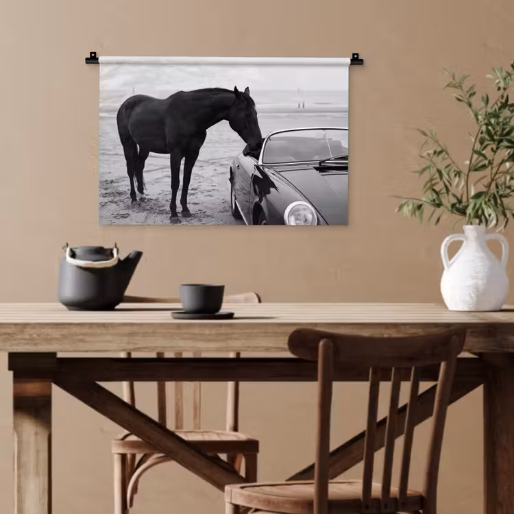 Paard - Auto - Zwart - Wit Wandkleed katoen klein -sfeer6