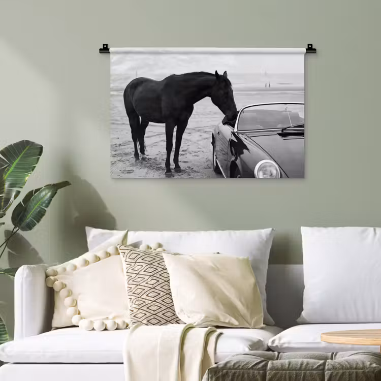 Paard - Auto - Zwart - Wit Wandkleed katoen klein -sfeer7