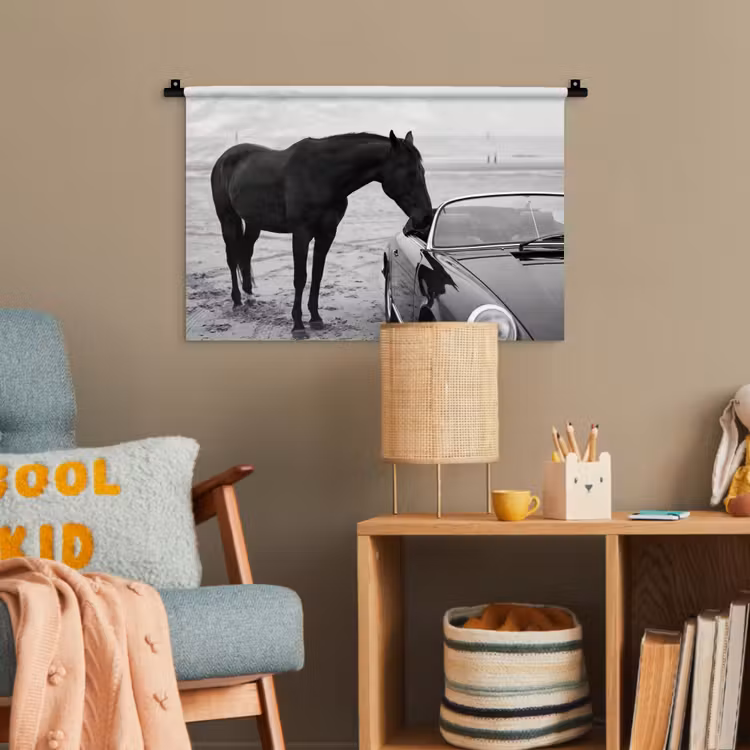 Paard - Auto - Zwart - Wit Wandkleed katoen klein -wsfeer4_kind