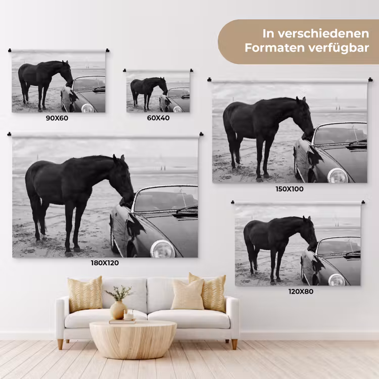 Paard - Auto - Zwart - Wit Wandkleed katoen klein -tsfeer8_DE