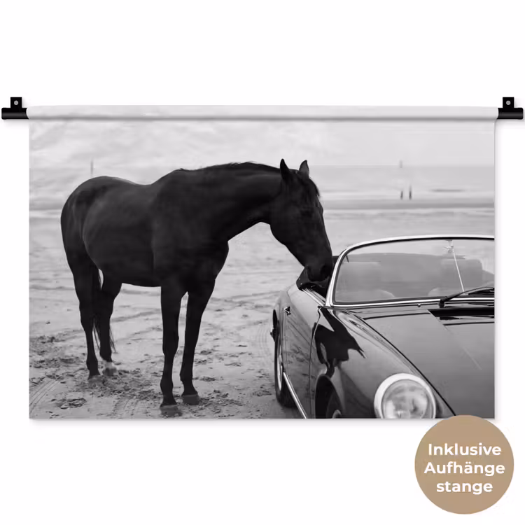 Paard - Auto - Zwart - Wit Wandkleed katoen klein -t3d_DE