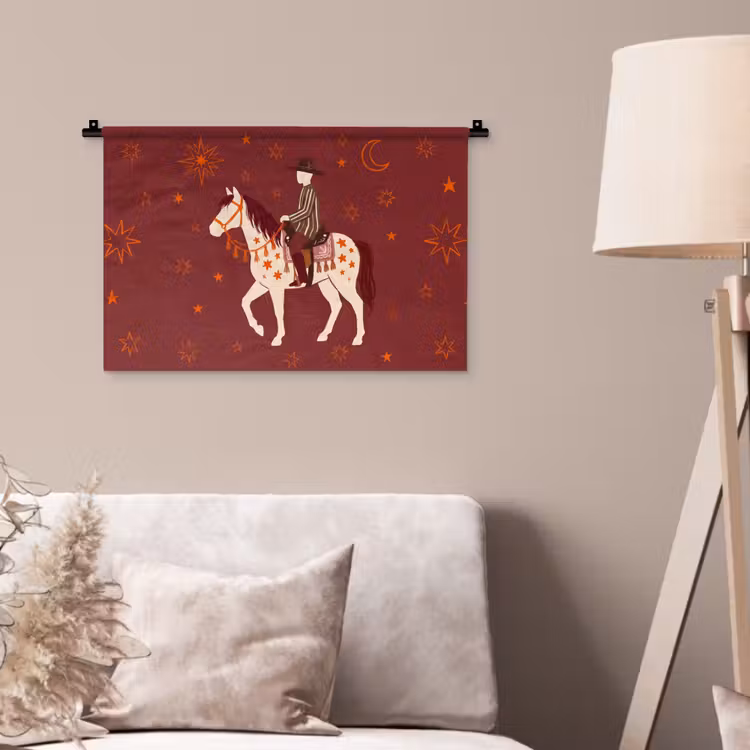 Paard - Ruiter - Sterren - Nacht - Illustratie Wandkleed katoen klein -sfeer4
