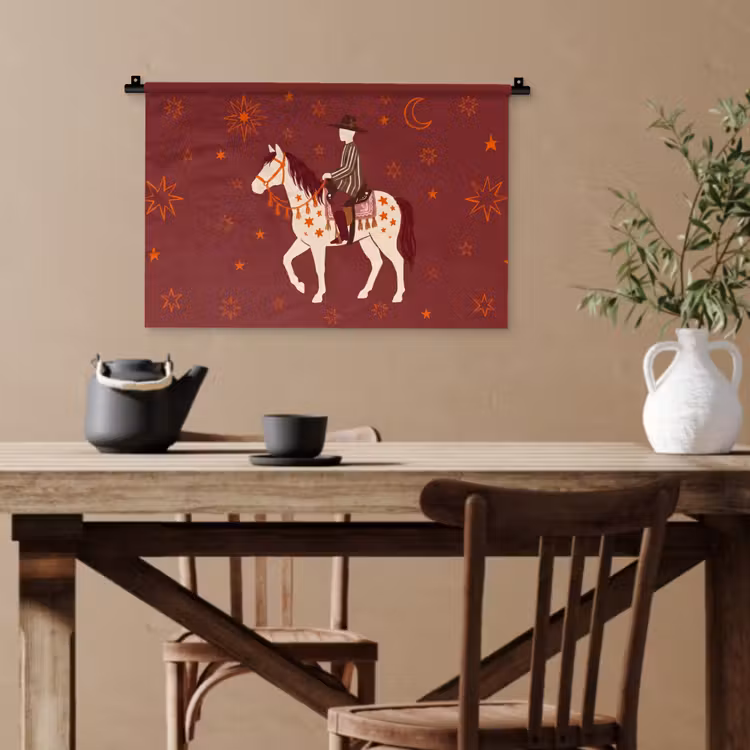 Paard - Ruiter - Sterren - Nacht - Illustratie Wandkleed katoen klein -sfeer6
