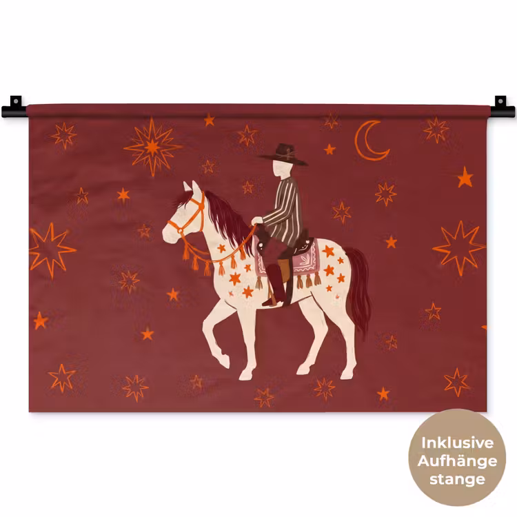 Paard - Ruiter - Sterren - Nacht - Illustratie Wandkleed katoen klein -t3d_DE