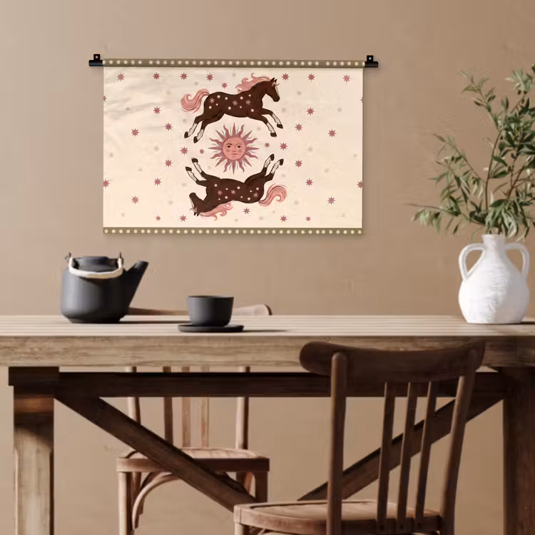 Paard - Zon - Mystiek - Illustratie - Roze Wandkleed katoen klein -sfeer6