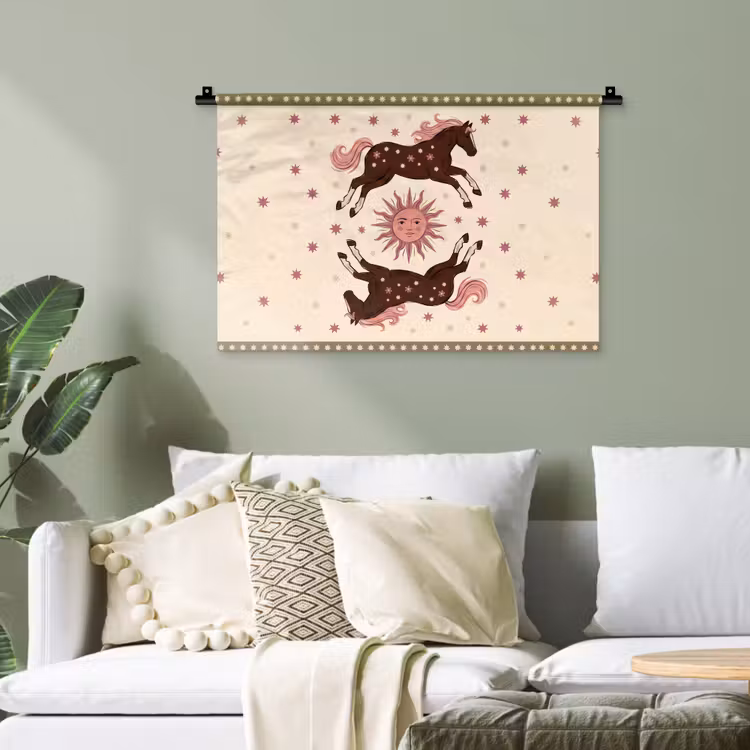 Paard - Zon - Mystiek - Illustratie - Roze Wandkleed katoen klein -sfeer7