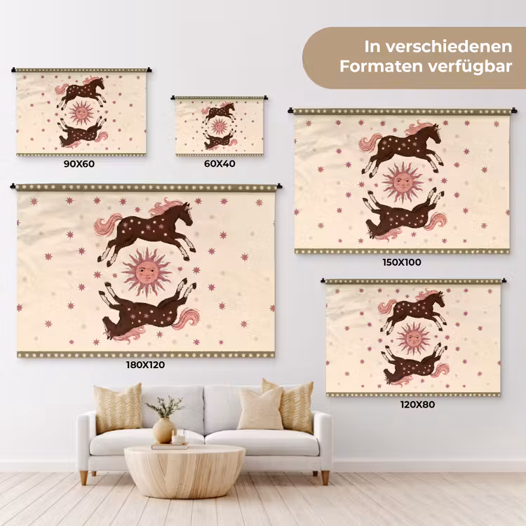 Paard - Zon - Mystiek - Illustratie - Roze Wandkleed katoen klein -tsfeer8_DE