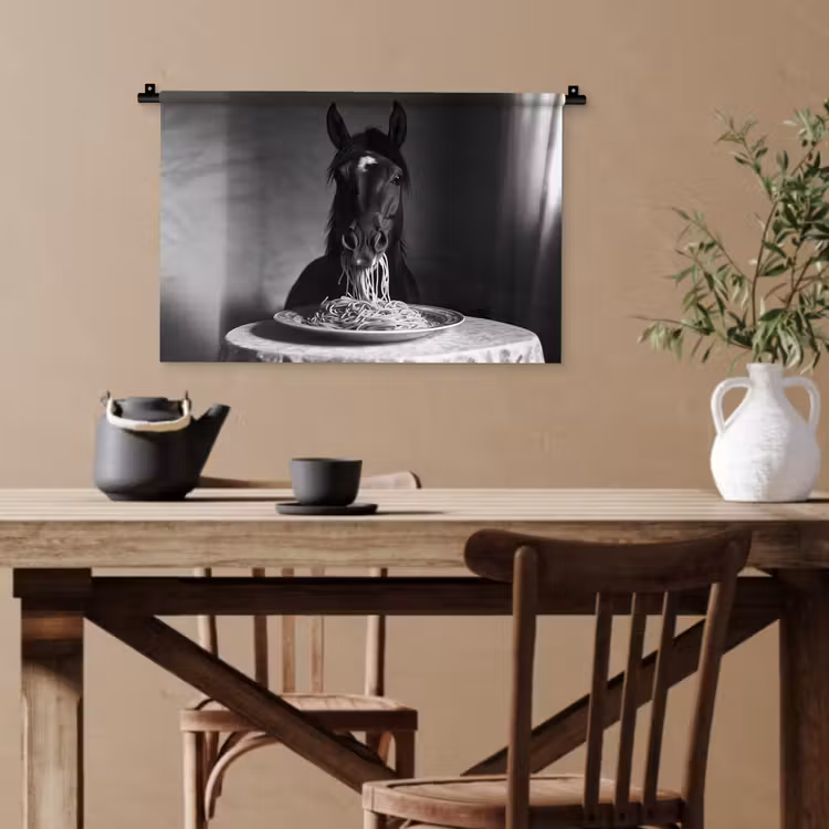 Paard - Bord - Pasta - Tafelkleed - Zwart Wit - Dieren Wandkleed katoen klein -sfeer6