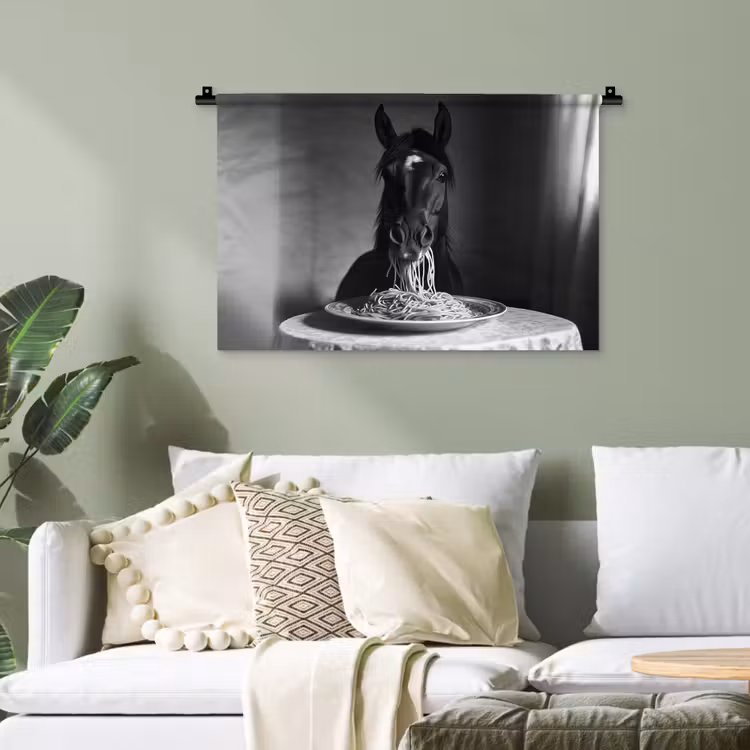 Paard - Bord - Pasta - Tafelkleed - Zwart Wit - Dieren Wandkleed katoen klein -sfeer7