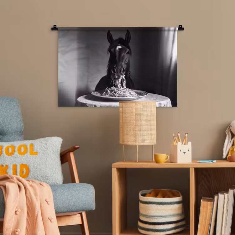 Paard - Bord - Pasta - Tafelkleed - Zwart Wit - Dieren Wandkleed katoen klein -wsfeer4_kind