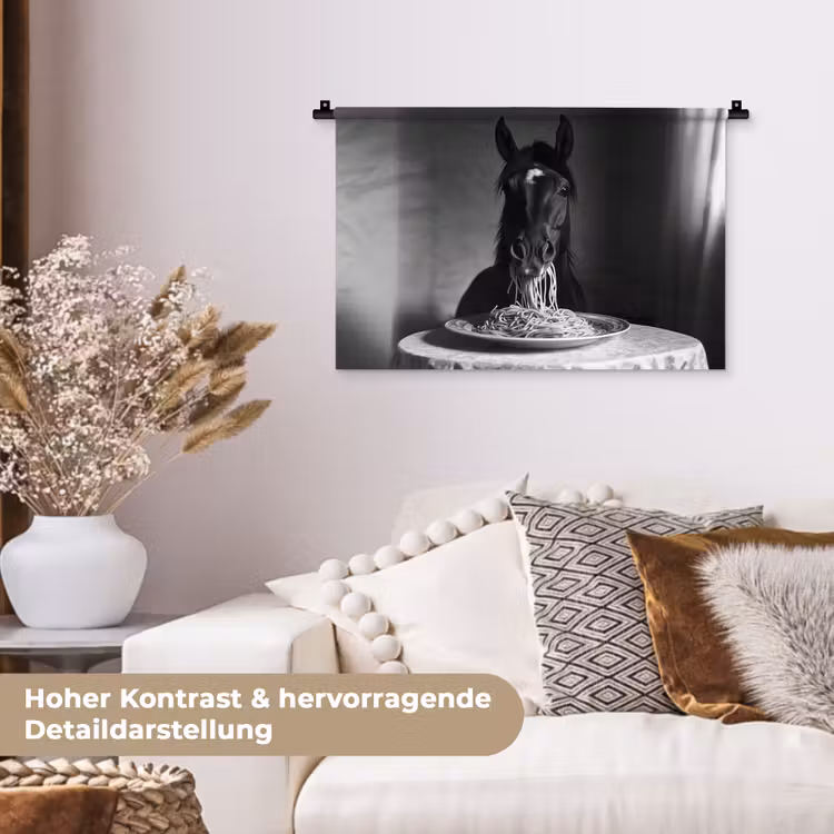 Paard - Bord - Pasta - Tafelkleed - Zwart Wit - Dieren Wandkleed katoen klein -tsfeer1_DE