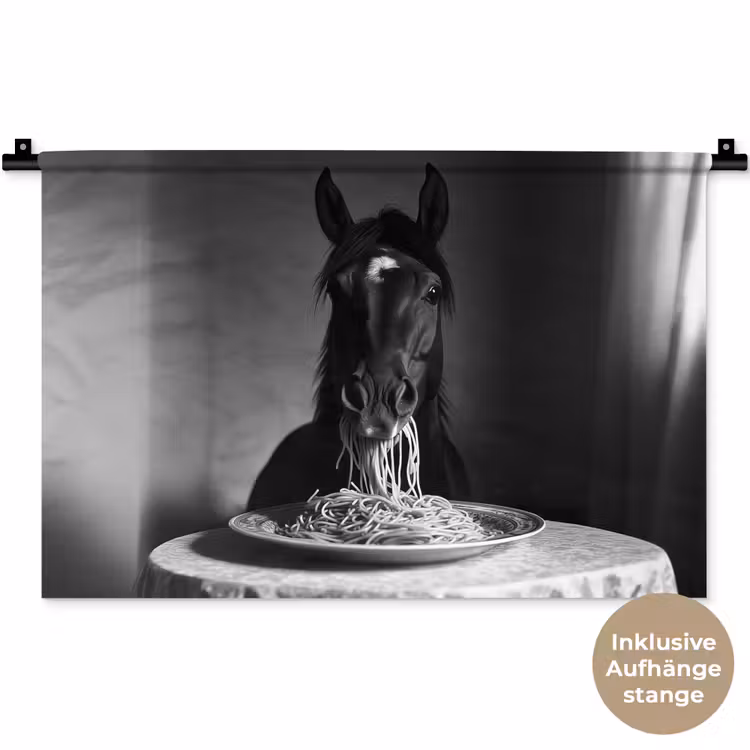 Paard - Bord - Pasta - Tafelkleed - Zwart Wit - Dieren Wandkleed katoen klein -t3d_DE