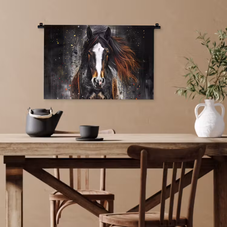 Paard - Dieren - Zwart - Luxe - Modern Wandkleed katoen klein -sfeer6