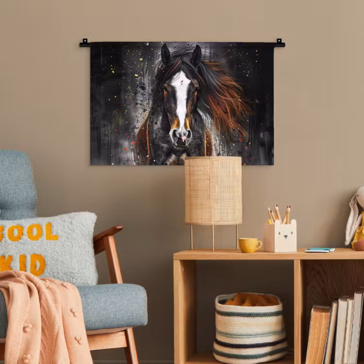 Paard - Dieren - Zwart - Luxe - Modern Wandkleed katoen klein -wsfeer4_kind
