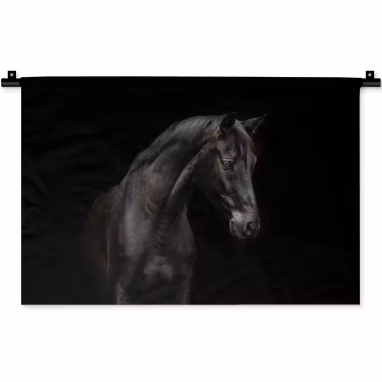 Paard - Dieren - Zwart - Portret Wandkleed katoen klein -zz3d