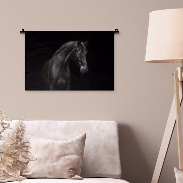 Paard - Dieren - Zwart - Portret Wandkleed katoen klein -sfeer4