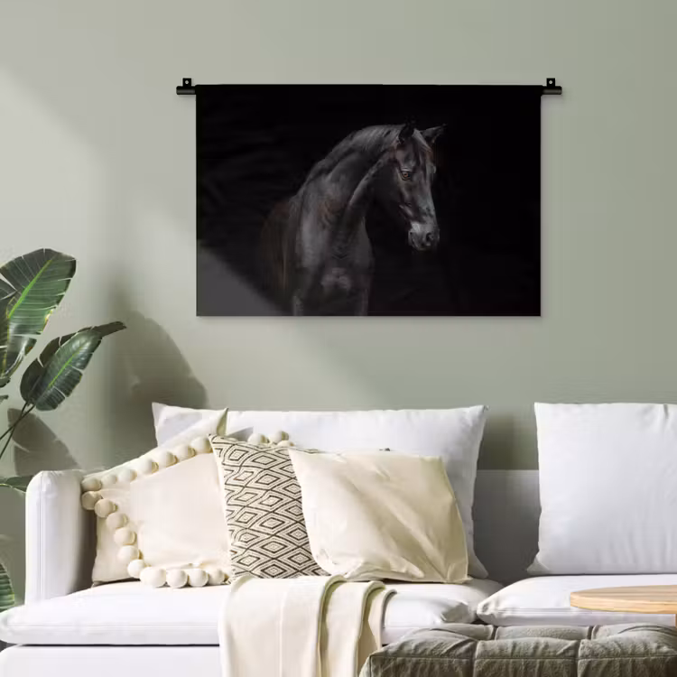 Paard - Dieren - Zwart - Portret Wandkleed katoen klein -sfeer7