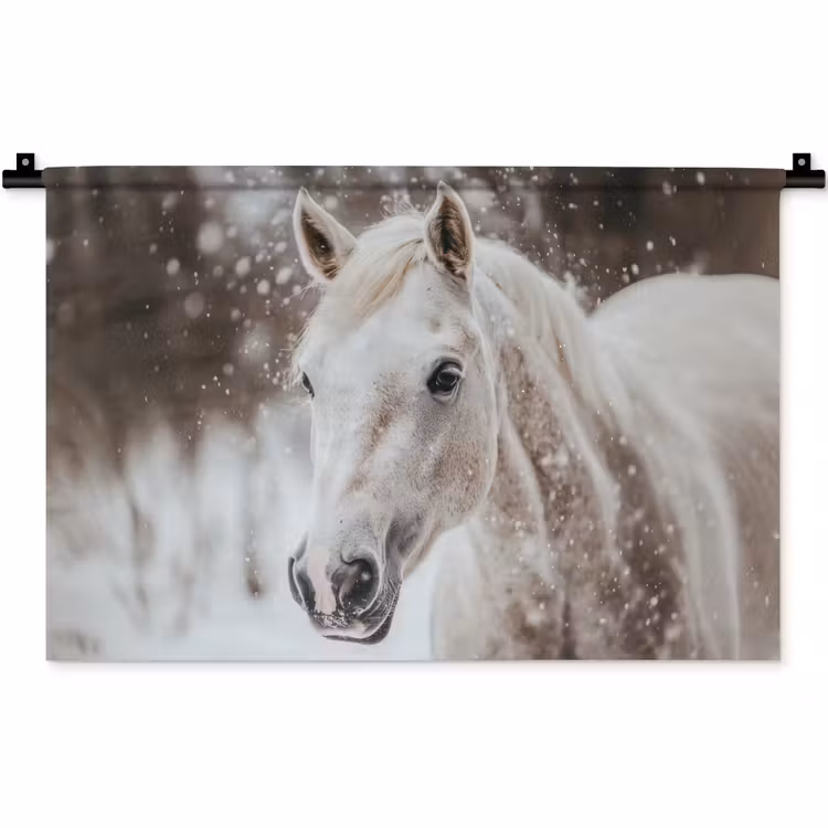 Paard - Wit - Winter - Natuur - Sneeuw - Dieren Wandkleed katoen klein -zz3d