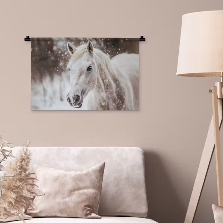 Paard - Wit - Winter - Natuur - Sneeuw - Dieren Wandkleed katoen klein -sfeer4