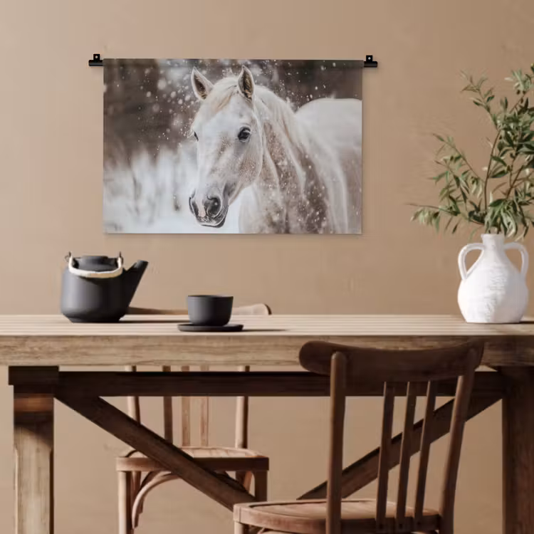 Paard - Wit - Winter - Natuur - Sneeuw - Dieren Wandkleed katoen klein -sfeer6