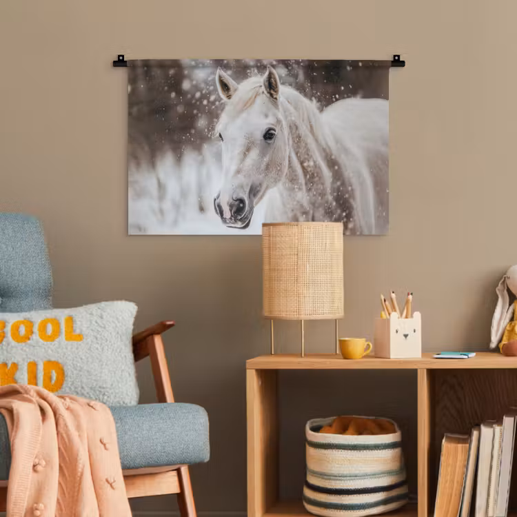 Paard - Wit - Winter - Natuur - Sneeuw - Dieren Wandkleed katoen klein -wsfeer4_kind