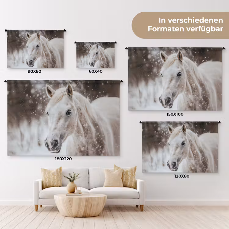 Paard - Wit - Winter - Natuur - Sneeuw - Dieren Wandkleed katoen klein -tsfeer8_DE