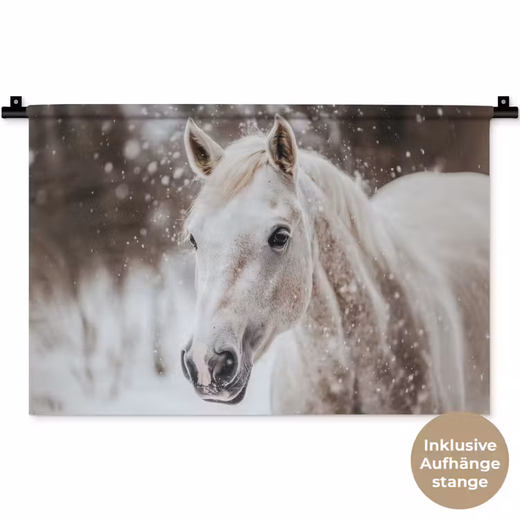 Paard - Wit - Winter - Natuur - Sneeuw - Dieren Wandkleed katoen klein -t3d_DE