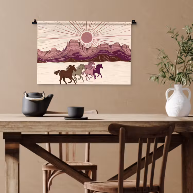 Paarden - Rennend - Woestijn - Natuur - Abstract Wandkleed katoen klein -sfeer6